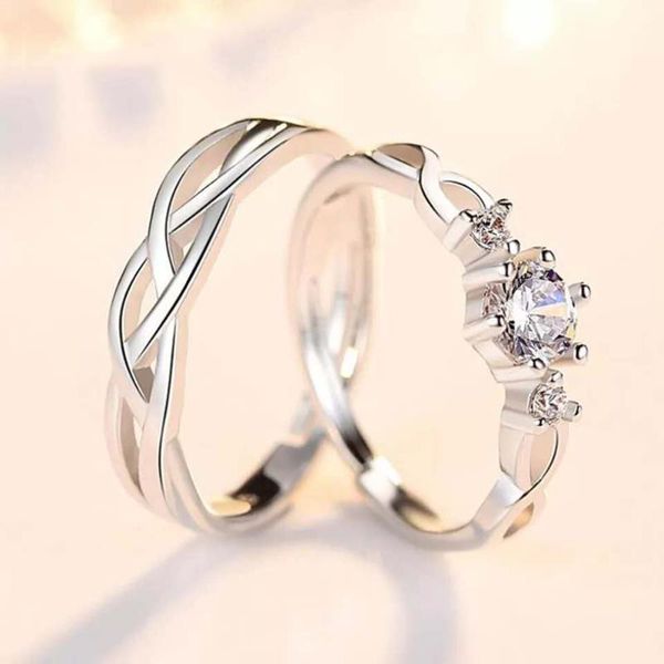 Bagues de cluster 2pcs / set argent plaqué couple bague de fiançailles de mariage cristal élégant femmes cadeau de saint valentin en gros cubique