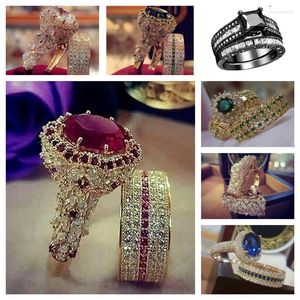 Bagues de grappe 2pcs / Set US European Handmade Luxury Exquis Fashion Jewelry Women's Gold Color Ring 1.52CT Red Stone Set Bridal