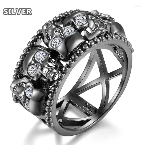 Cluster anneaux 3 couleurs 925 Silver Rignestone Skull Ring Women's Men's Red Black Crystal Skeleton Forme Zircon Luxury Princesse Femmes