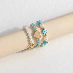 Anneaux de cluster 3 pièces / ensemble de chaîne de perles de fausse perle pour femmes mode géométrique bague de coeur d'or 2023 bijoux de fête