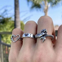 Cluster Ringen 3 stks/set Vintage Zeemeermin Hart Vlinder Set Mode Persoonlijkheid Verstelbare Open Voor Vrouwen Mannen Punk Sieraden Geschenken