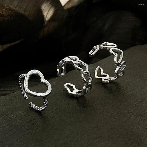 Anillos de racimo Conjunto de 3 piezas Moda Minimalista Cruz Amor Geométrico Doble Capa Abierto Anillo de dedo ajustable para mujeres Regalo de joyería de fiesta