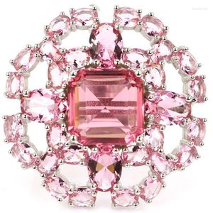 Bagues en grappe 30x30mm Ravissante 7.8g Créé Rose Morganite Dorée Citrine Femmes Mariage Réel Argent Massif 925