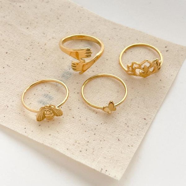 Anillos de racimo 316L Acero inoxidable lindo abeja mariposa hueco loto anillo para mujeres niñas joyería regalos de cumpleaños