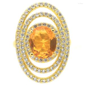 Bagues en grappe 31x20mm coupe princesse 6.4g grande citrine dorée blanc CZ femmes tenue quotidienne or argent vente en gros