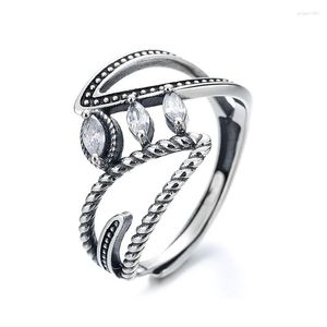 Clusterringen 361FJ Zfsilver Silver S925 Trendy verstelbare luxe Retro Wit Eye Zirkon Hollow Leaf Ring For Girl Women Wedding Party