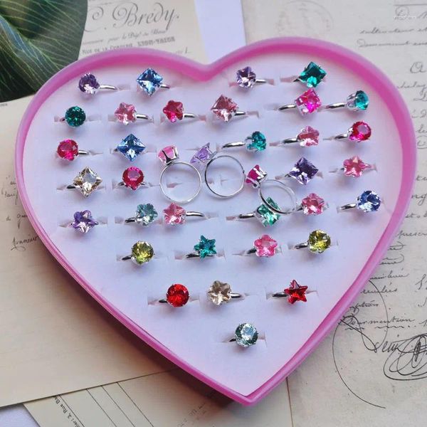 Anillos de racimo 36 unids / caja Lindo dulce corazón cuadrado redondo estrella cristal princesa juguetes joyería mezcla caja de regalo de dedo