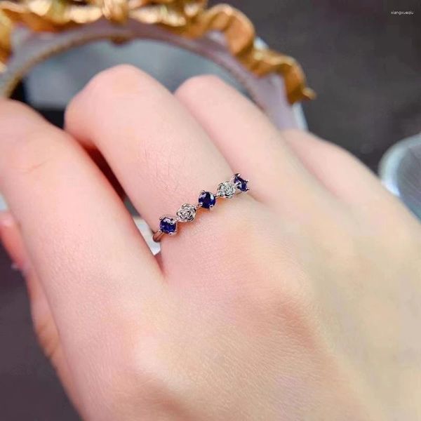 Bagues de cluster 3mm Blue Sapphire Silver Bague pour jeune fille Naturel Solide 925 Bijoux