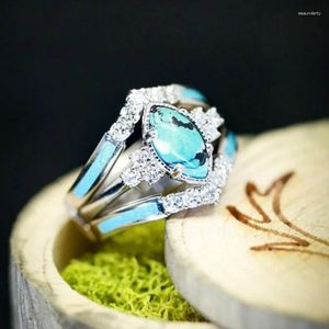 Cluster ringen 3 stks/set elegante mode zilveren kleur ingelegde groene stenen ring voor vrouwen Valentijnsdag belofte vriendin verjaardag