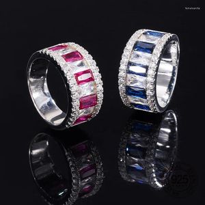 Clusterringen 3x6 mm rechthoekige vorm Rood Ruby Blue Sappire Clear Cubic Zirkon 925 Sterling Silver Wedding Band Ring