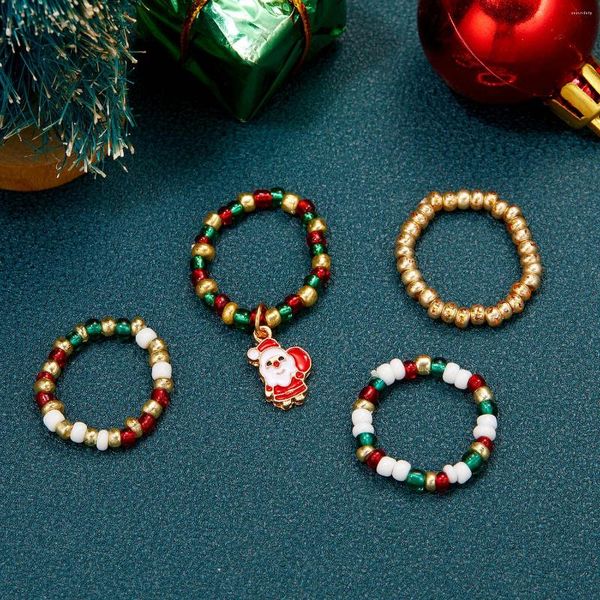 Bagues de cluster 4 PCS / Set Bague de Noël pour femmes Mode féminine Arbre de Noël Cerf Père Noël Corde élastique Doigt Bijoux Fête Année Cadeaux