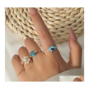 Cluster Rings 4 Pcs / Set Mode Femme Or Couleur Métal Blanc Perle Bleu Perles De Verre Glacé À La Main Perlé Armure Fleur Ensemble Pour Wom Dhafh