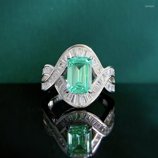 Cluster Rings 5.7mm Brésilien Paraiba Tourmaline Sterling Argent 925 Pour Femmes Émeraude Princesse Vintage Mariage Anneau De Doigt De Mariée