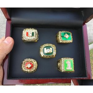 Bagues de cluster 5 pcs 1983 1987 1989 1991 2001 Miami Hurricanes National Championship Ring Set avec boîte d'affichage en bois Case Fan Gift Dro Dhog3