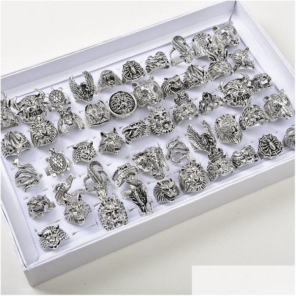 Anneaux de cluster 50pcs / lots animal vintage punk gothique mélange dragon loup tigre chien lion hibou style bijoux en métal pour hommes femmes livraison directe Dhvc4