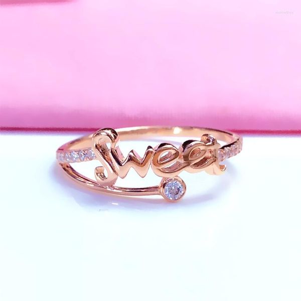 Anillos de racimo 585 oro púrpura 14K letra de cristal rosa para mujeres encanto de estilo japonés y coreano joyería de lujo regalo de fiesta