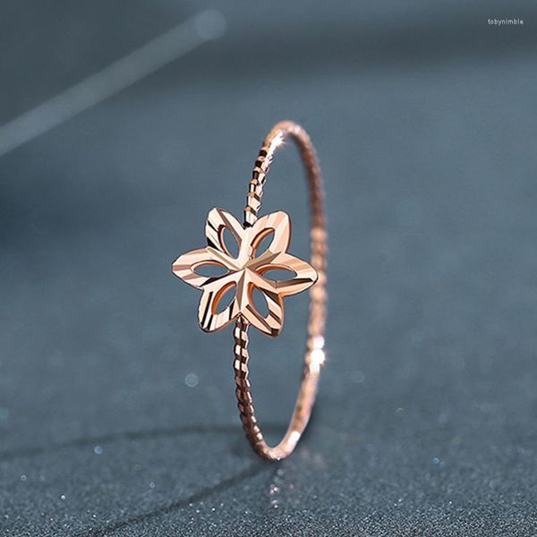 Anillos de racimo 585 oro púrpura 14k rosa hueco flor de seis pétalos para mujeres temperamento abierto joyería de compromiso dulce y encantadora