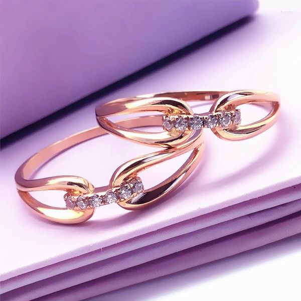 Anillos de racimo 585 oro púrpura 14k rosa estilo simple boda de cristal para parejas apertura encanto exquisita joyería de lujo ligera