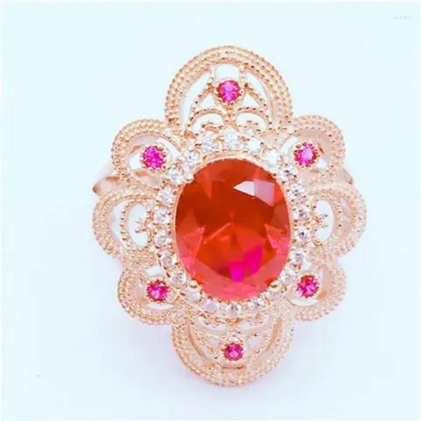 Anillos de racimo 585 oro púrpura para mujeres chapado 14k rosa de lujo anillo de compromiso de piedras preciosas rojas exquisita flor joyería de boda