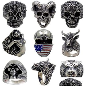 Anillos de clúster 5pcs/lote Vintage Gothic Wolf Head Ring Men Skl Punk Jewelry Accesorios Demonio Satanás Drop entrega Dhgarden Dhxvw