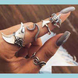 Cluster Anneaux 5 Pcs / Ensemble Vintage Anneaux Pour Femmes Boho Géométrique Sier Tortue Baleine Queue Vagues Anneau Ensemble Knuckle Doigt Charme Drop Delive Dhpw3