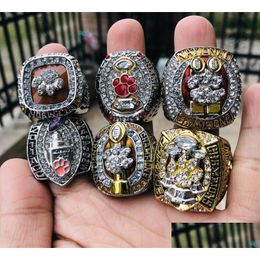 Anneaux de cluster 6 pcs Clemson Tigers Champions de l'équipe nationale Championnat Bague Set avec boîte d'affichage en bois Solide Hommes Fan Brithday Cadeau W Dh3Ae