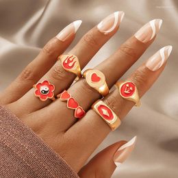 Anelli a grappolo 6 pezzi set vintage rosso per donna rivestimento in vernice metallica stile INS creativo anello a forma di cuore gioielli di moda
