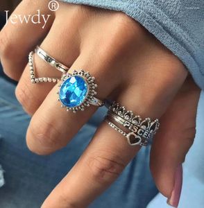 Anillos de clúster 6pcs/set Crystal Blue Crown Crown Heart Vintage Midi Knuckle For Woman 2024 Silver Color Rhinestone Ring Jewelry