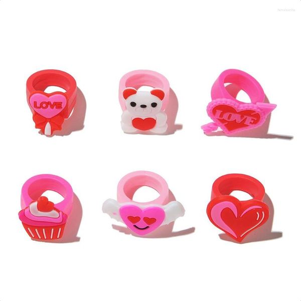 Anillos de racimo 6 unids/set corazón de silicona anillo de pareja de moda para mujeres dibujos animados pastel amor conjunto nudillo joyería regalo del Día de San Valentín