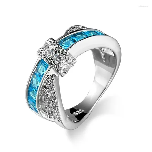 Anillos de racimo 7 color azul claro anillo cruzado moda 925 plata esterlina joyería llena boda vintage para mujeres regalo de piedra de cumpleaños