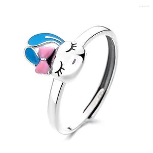 Cluster Rings 758J Zfsilver Silver 925 Mode Verstelbare luxe Retro Cute Long Ear Pink Bowknot Ring Girl Women Wedding Party