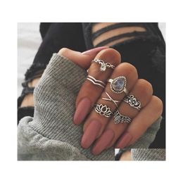 Clusterringen 7 stks/set aankomst Bloem Gemstone gesneden ringset Antiek Sier Geplaatste Vintage Boheemse Turkse Fashion Women Accessorie Otxrc