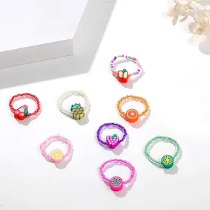 Cluster Anneaux 7PCS / Set Bohême résine transparente colorée à la main Fashion Polymère Clay Fruit Elastic Corde Small Jewelry