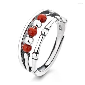 Cluster Anneaux 847FJZFSILVER Argent 925 Mode À La Mode Frais Réglable Sud Agate Boule Bambou Joint Anneau Pour Les Femmes Charme Bijoux De Mariage