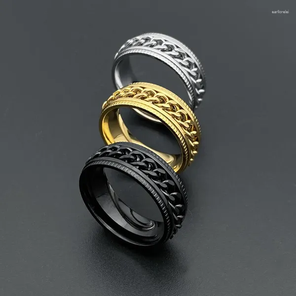 Anillos de clúster 8 mm Anillo de la cadena de ruletía de color negro de color negro para hombres Textura de neumáticos 316L Links giratorios de acero inoxidable Punk Male Size 7 8 9 10 11