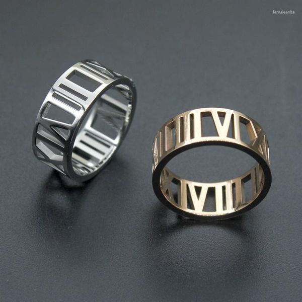 Anillos de racimo 8 mm números romanos acero inoxidable damas hombre color oro ahueca hacia fuera regalo único para las mujeres joyería de fiesta bague femme