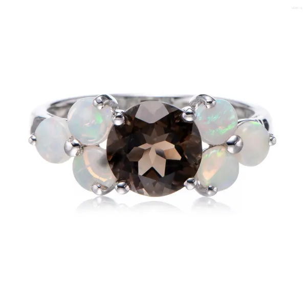 Anneaux de cluster Quartz fumé de 8 mm et rhodium opale sur bague en argent sterling