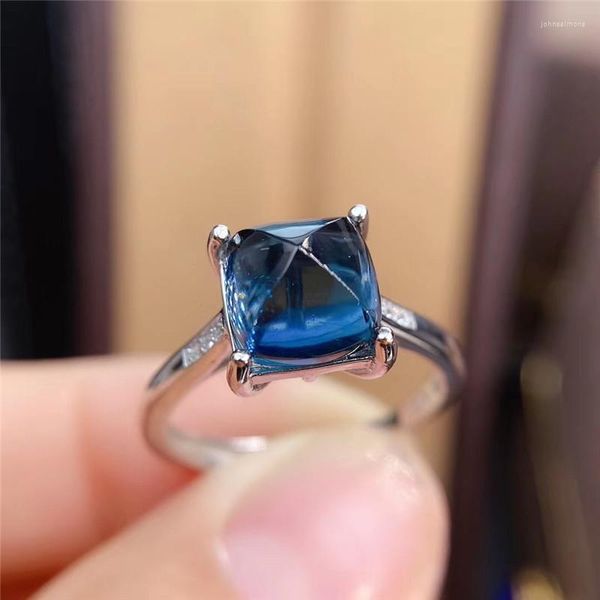 Anillos de racimo 8MM cuadrado Londres anillo de topacio azul para mujer regalo de aniversario Plata de Ley 925 auténtica torre de azúcar Natural piedra preciosa fina