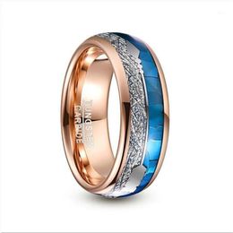 Anillos de racimo 8 mm de ancho Anillo de carburo de tungsteno Oro rosa con incrustaciones de concha azul Meteorito Flecha Cúpula Acero Boda Hombres Joyería 1289N