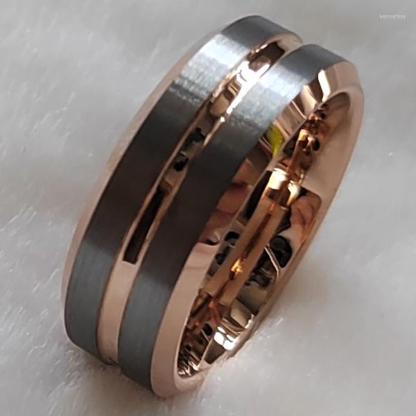 Anillos de racimo de 8 mm con cepillo clásico para hombres / mujeres, chapado en oro rosa brillante gris, anillo de tungsteno con ranura de 1 línea