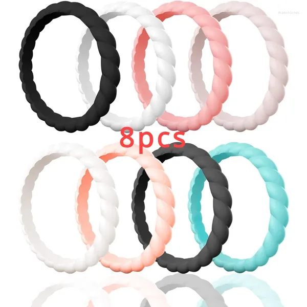 Bagues de cluster 8pcs Bague de mariage en silicone pour femmes adolescentes filles minces et empilables bandes de caoutchouc tressées non toxiques sans danger pour la peau US4-US10