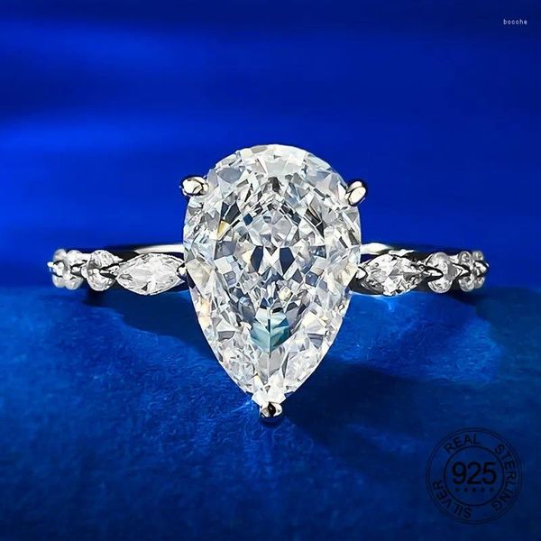 Anneaux de cluster 8x12 mm Forme de chute transparente diamant à haut carbone 5a Zircon cube 925 Bonne de mariage pour femmes en argent sterling