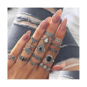 Cluster Rings 9 Styles Boemian Midi Knuckle Finger Set for Women Vintage Retro Sier Lotus Flower Crowncrystal Geometric Ring Vrouw Dhxvo