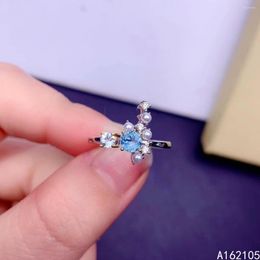 Clusterringen 925 Pure zilveren Chinese stijl Natuurlijke Zwitserse blauwe Topaz Aquamarine Pearl Women's Luxe Exquise Open Gem Ring Fijn
