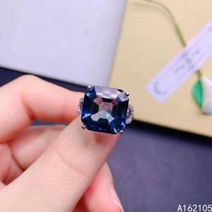 Anillos de racimo 925 plata pura estilo chino Natural Londres topacio azul mujeres lujo moda cuadrado ajustable gran gema anillo fino