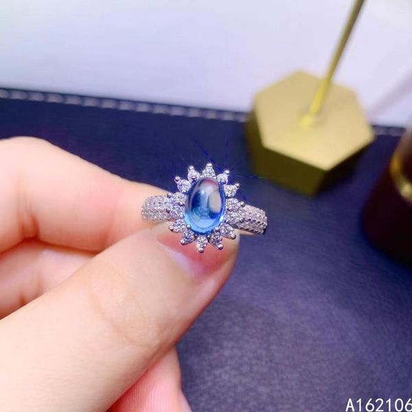 Bagues de grappe 925 pur argent Style chinois naturel bleu suisse topaze femmes luxe Vintage plaine réglable gemme anneau bijoux fins