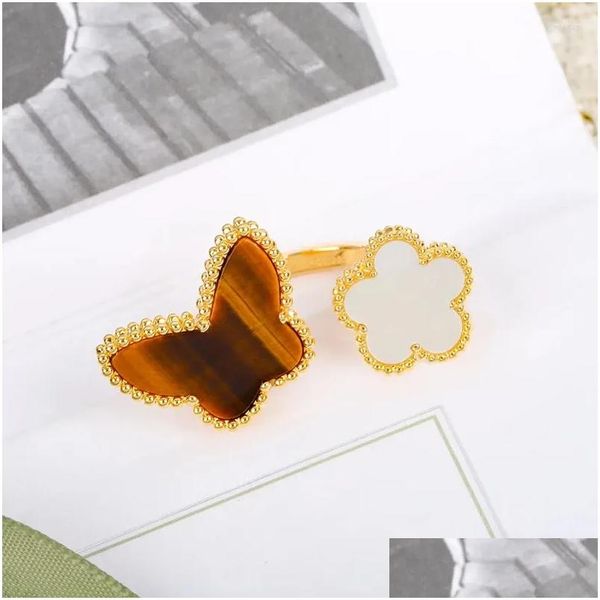 Cluster Anneaux 925 Sier Mother of Pearl Lucky Fashion Fashion Womens Ring Tiger Eye papillon