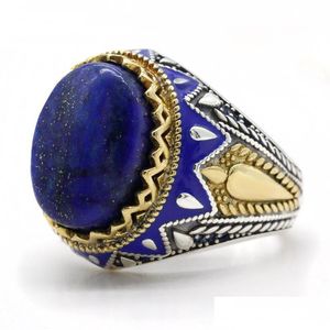 Bagues de cluster 925 Bague Sier pour hommes Lapis Lazi Pierre naturelle Bijoux Mode Vintage Cadeau Lucky Love Energy Femmes Drop Livraison Dhhng