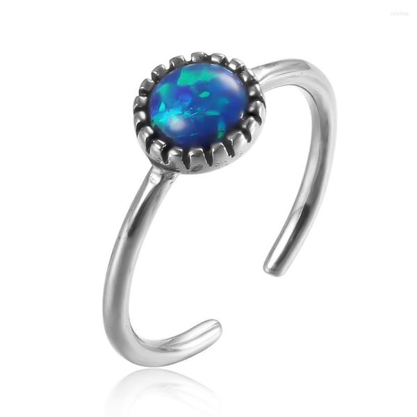 Anillos de racimo 925 plata azul fuego ópalo piedras anillo de dedo redondo tamaño abierto ajustable para mujeres damas joyería fina regalos