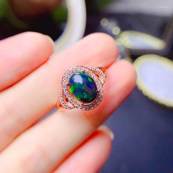 Bagues de cluster 925 Silver Teint Natural Black Opal Ring 7mm 9mm Bijoux avec plaqué or Pierre précieuse solide